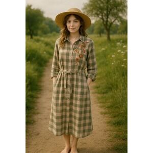 Cottagecore Boho Prairie Green Plaid Embroidered Flannel Petite L Shirt Dress